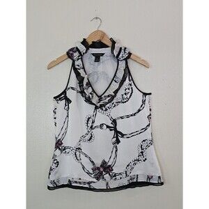 White House Black Market Silk Ruffle Neck Blouse Size Small Sleeveless Bow Print